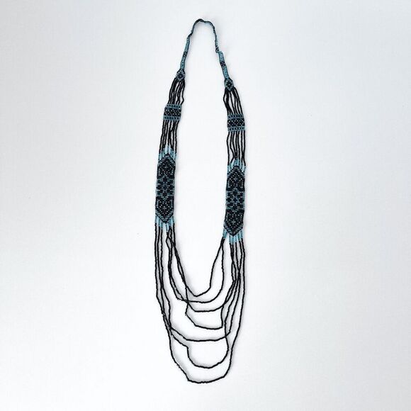 Handmade Womens Ukrainian Multi-Layered Bohemian Beaded Necklace Turquoise Black - Picture 1 of 5